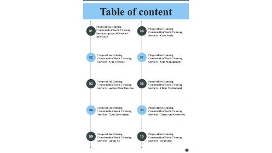 Proposal For Housing Construction Work Cleaning Services Table Of Content One Pager Sample Example Document