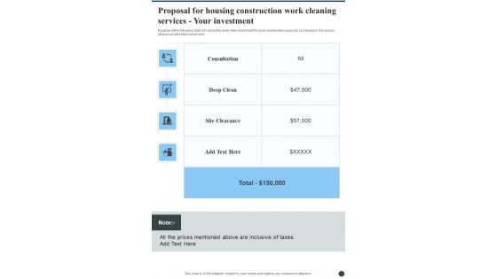 Proposal For Housing Construction Work Cleaning Services Your Investment One Pager Sample Example Document Proposal For Housing Construction Work Cleaning Services Your Investment One Pager Sample Example Document