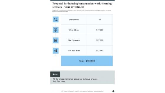 Proposal For Housing Construction Work Cleaning Services Your Investment One Pager Sample Example Document