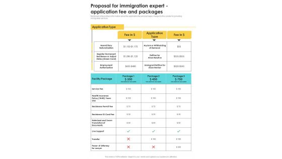 Proposal For Immigration Expert Application Fee And Packages One Pager Sample Example Document