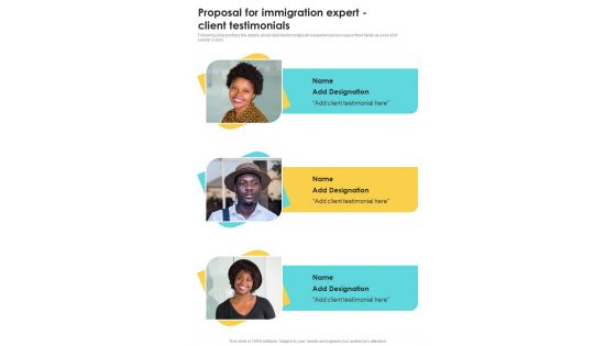 Proposal For Immigration Expert Client Testimonials One Pager Sample Example Document