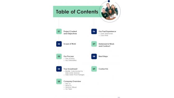 Proposal For Information Processing Facility Services Table Of Contents One Pager Sample Example Document Proposal For Information Processing Facility Services Table Of Contents One Pager Sample Example Document