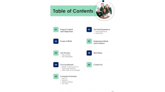 Proposal For Information Processing Facility Services Table Of Contents One Pager Sample Example Document