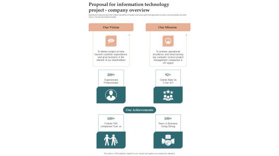 Proposal For Information Technology Project Company Overview One Pager Sample Example Document Proposal For Information Technology Project Company Overview One Pager Sample Example Document