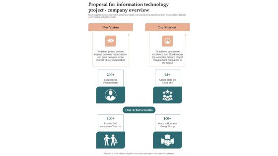 Proposal For Information Technology Project Company Overview One Pager Sample Example Document