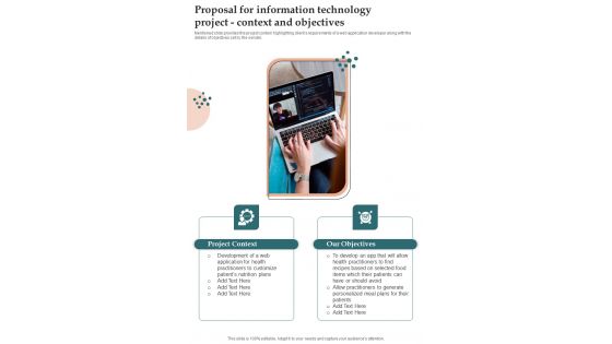 Proposal For Information Technology Project Context And Objectives One Pager Sample Example Document