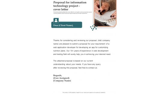 Proposal For Information Technology Project Cover Letter One Pager Sample Example Document