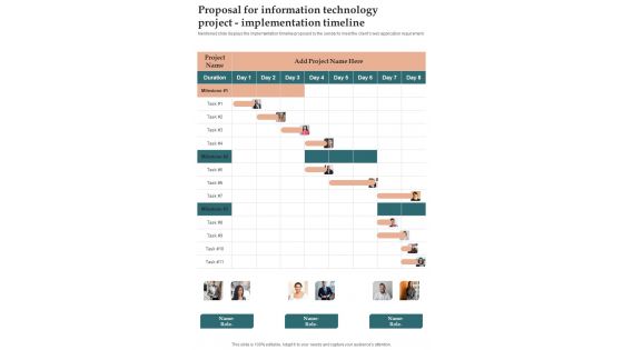 Proposal For Information Technology Project Implementation Timeline One Pager Sample Example Document