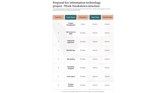 Proposal For Information Technology Project Work Breakdown One Pager Sample Example Document