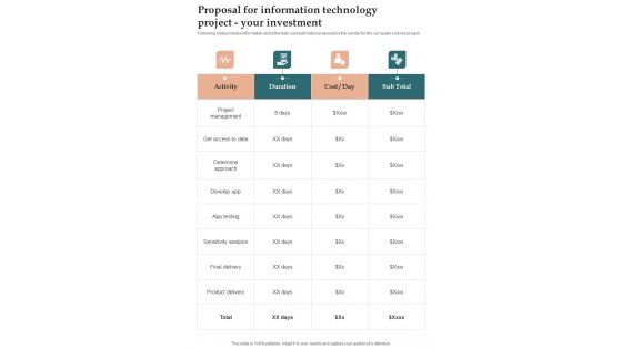 Proposal For Information Technology Project Your Investment One Pager Sample Example Document