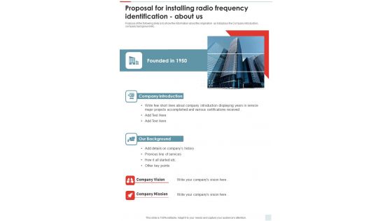 Proposal For Installing Radio Frequency Identification About Us One Pager Sample Example Document