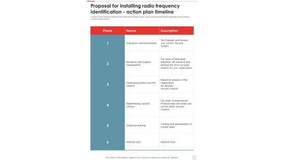 Proposal For Installing Radio Frequency Identification Action Plan Timeline One Pager Sample Example Document Proposal For Installing Radio Frequency Identification Action Plan Timeline One Pager Sample Example Document