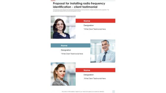 Proposal For Installing Radio Frequency Identification Client Testimonial One Pager Sample Example Document Proposal For Installing Radio Frequency Identification Client Testimonial One Pager Sample Example Document
