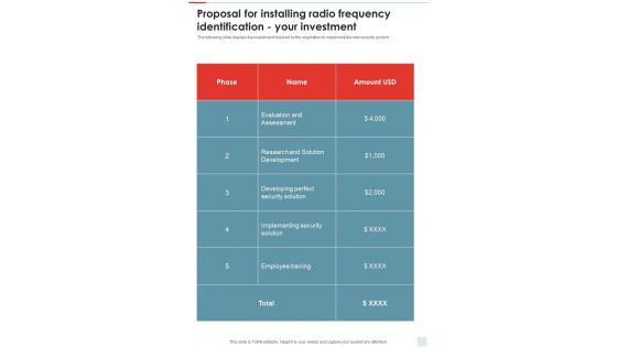 Proposal For Installing Radio Frequency Identification Your Investment One Pager Sample Example Document Proposal For Installing Radio Frequency Identification Your Investment One Pager Sample Example Document