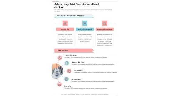 Proposal For Leasing Office Premises Addressing Brief Description About Our Firm One Pager Sample Example Document