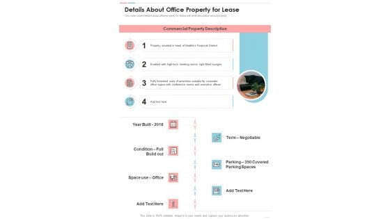 Proposal For Leasing Office Premises Details About Office Property For Lease One Pager Sample Example Document