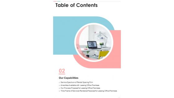 Proposal For Leasing Office Premises Table Of Contents One Pager Sample Example Document