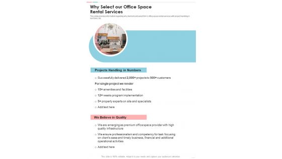 Proposal For Leasing Office Premises Why Select Our Office Space Rental Services One Pager Sample Example Document