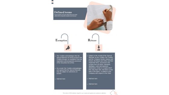 Proposal For Loan Settlement Defined Terms One Pager Sample Example Document