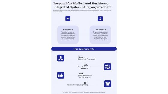 Proposal For Medical And Healthcare Integrated System Company Overview One Pager Sample Example Document