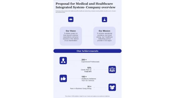 Proposal For Medical And Healthcare Integrated System Company Overview One Pager Sample Example Document Proposal For Medical And Healthcare Integrated System Company Overview One Pager Sample Example Document
