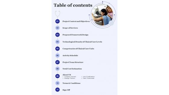 Proposal For Medical And Healthcare Integrated System Table Of Contents One Pager Sample Example Document Proposal For Medical And Healthcare Integrated System Table Of Contents One Pager Sample Example Document