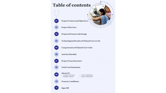 Proposal For Medical And Healthcare Integrated System Table Of Contents One Pager Sample Example Document