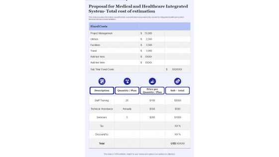 Proposal For Medical Healthcare Integrated System Total Cost Of Estimation One Pager Sample Example Document