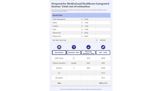 Proposal For Medical Healthcare Integrated System Total Cost Of Estimation One Pager Sample Example Document