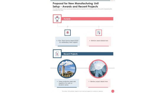 Proposal For New Manufacturing Unit Setup Awards And Recent Projects One Pager Sample Example Document