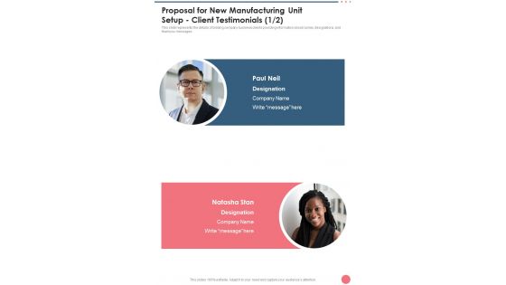 Proposal For New Manufacturing Unit Setup Client Testimonials One Pager Sample Example Document Proposal For New Manufacturing Unit Setup Client Testimonials One Pager Sample Example Document