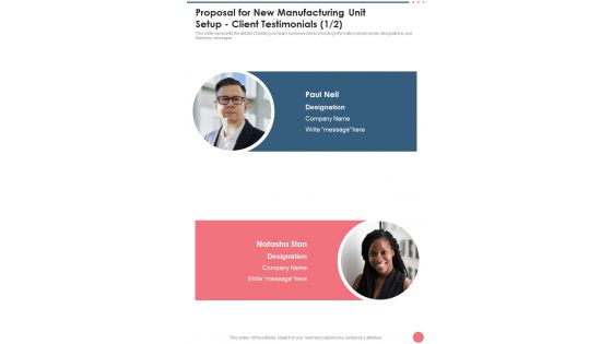 Proposal For New Manufacturing Unit Setup Client Testimonials One Pager Sample Example Document