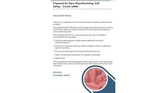Proposal For New Manufacturing Unit Setup Cover Letter One Pager Sample Example Document