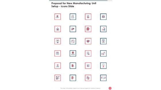 Proposal For New Manufacturing Unit Setup Icons Slide One Pager Sample Example Document
