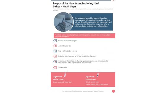 Proposal For New Manufacturing Unit Setup Next Steps One Pager Sample Example Document