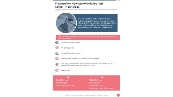 Proposal For New Manufacturing Unit Setup Next Steps One Pager Sample Example Document Proposal For New Manufacturing Unit Setup Next Steps One Pager Sample Example Document