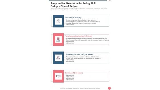 Proposal For New Manufacturing Unit Setup Plan Of Action One Pager Sample Example Document