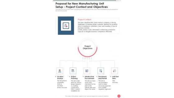 Proposal For New Manufacturing Unit Setup Project Context And Objectives One Pager Sample Example Document Proposal For New Manufacturing Unit Setup Project Context And Objectives One Pager Sample Example Document