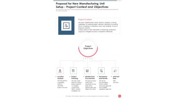 Proposal For New Manufacturing Unit Setup Project Context And Objectives One Pager Sample Example Document