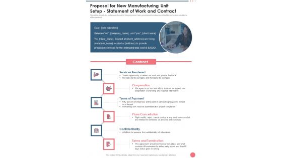 Proposal For New Manufacturing Unit Setup Statement Of Work And Contract One Pager Sample Example Document