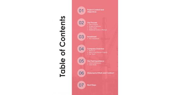 Proposal For New Manufacturing Unit Setup Table Of Contents One Pager Sample Example Document