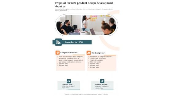 Proposal For New Product Design Development About Us One Pager Sample Example Document