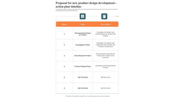 Proposal For New Product Design Development Action Plan One Pager Sample Example Document