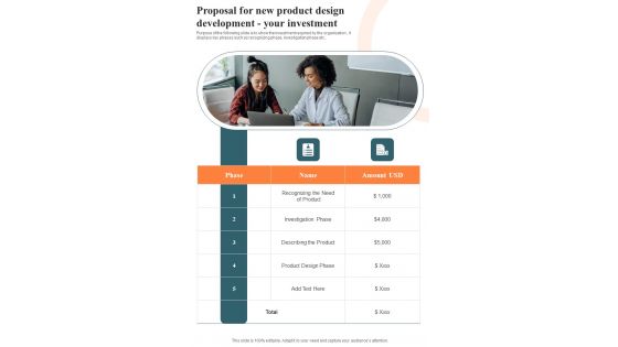 Proposal For New Product Design Development Your Investment One Pager Sample Example Document