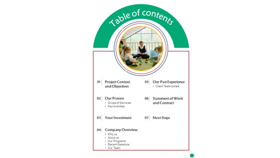 Proposal For Nursery School Table Of Contents One Pager Sample Example Document