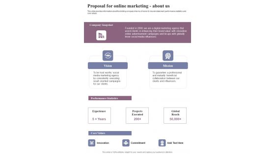 Proposal For Online Marketing About Us One Pager Sample Example Document