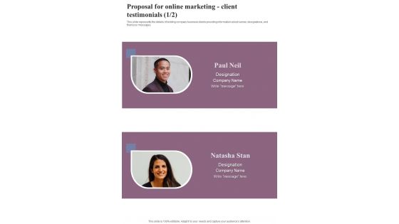 Proposal For Online Marketing Client Testimonials One Pager Sample Example Document