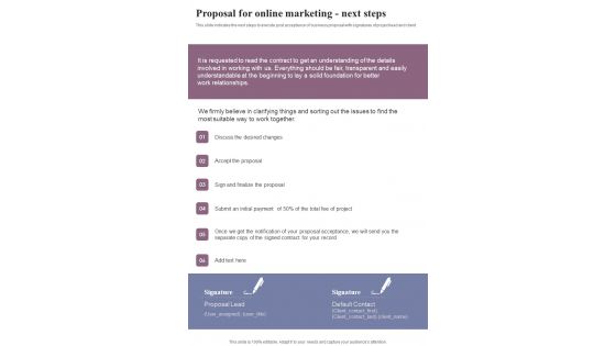 Proposal For Online Marketing Next Steps One Pager Sample Example Document