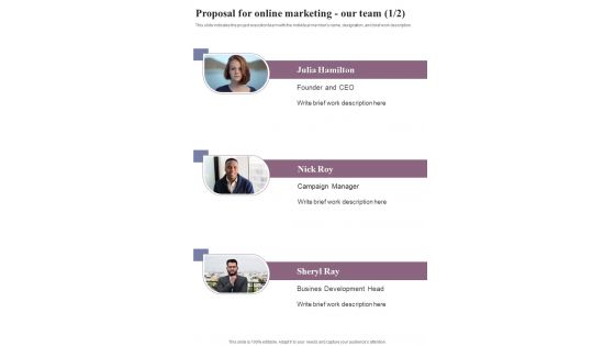 Proposal For Online Marketing Our Team One Pager Sample Example Document