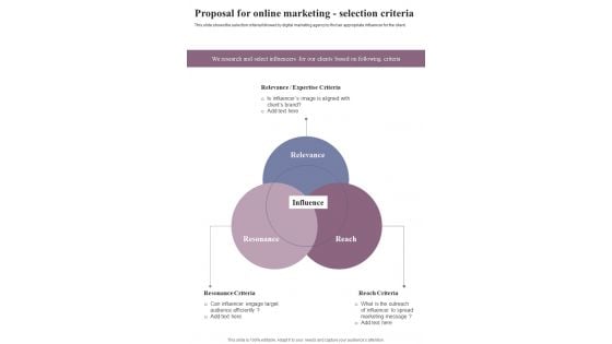 Proposal For Online Marketing Selection Criteria One Pager Sample Example Document